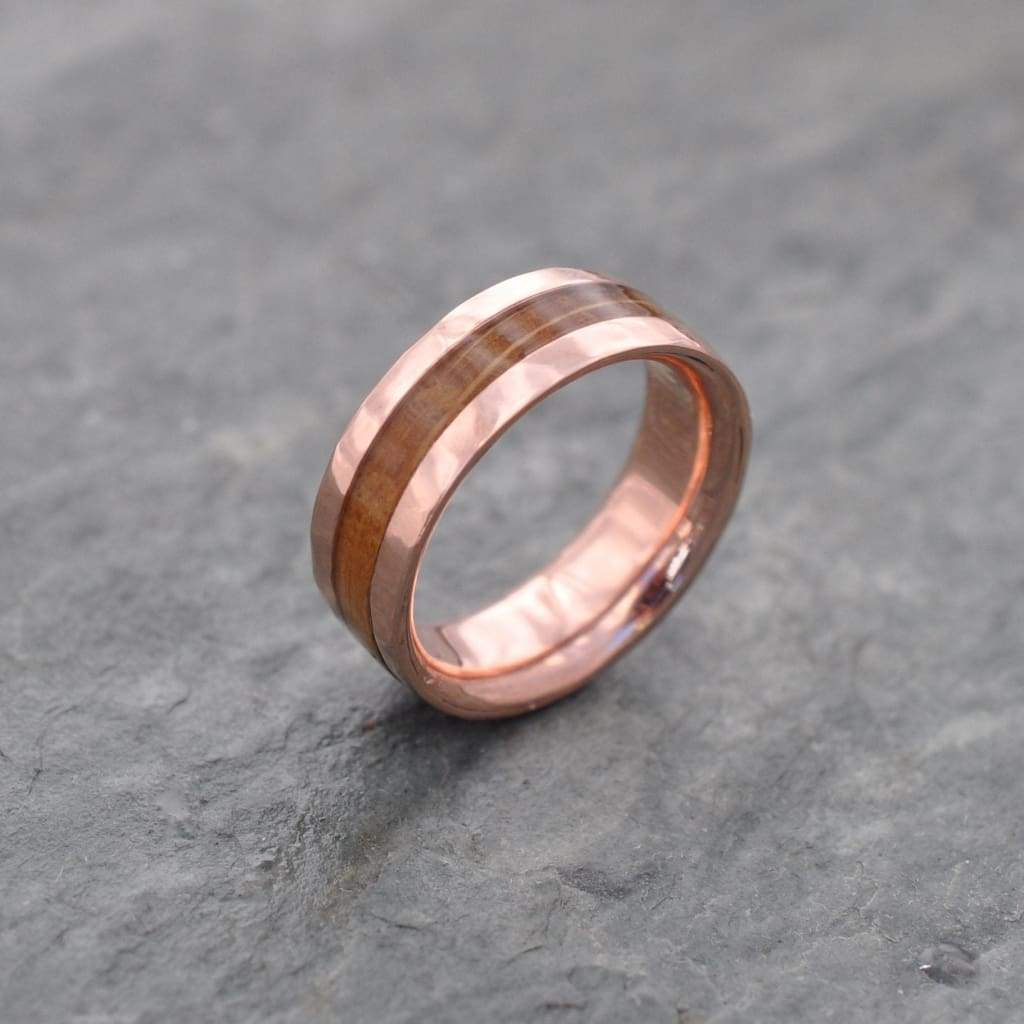 Hammered Lados Rose Gold Comfort Fit Bourbon Barrel Wood Ring, Rose Gold Wood Wedding Band, Pink Gold Wedding Ring, Rose Gold Mens Band