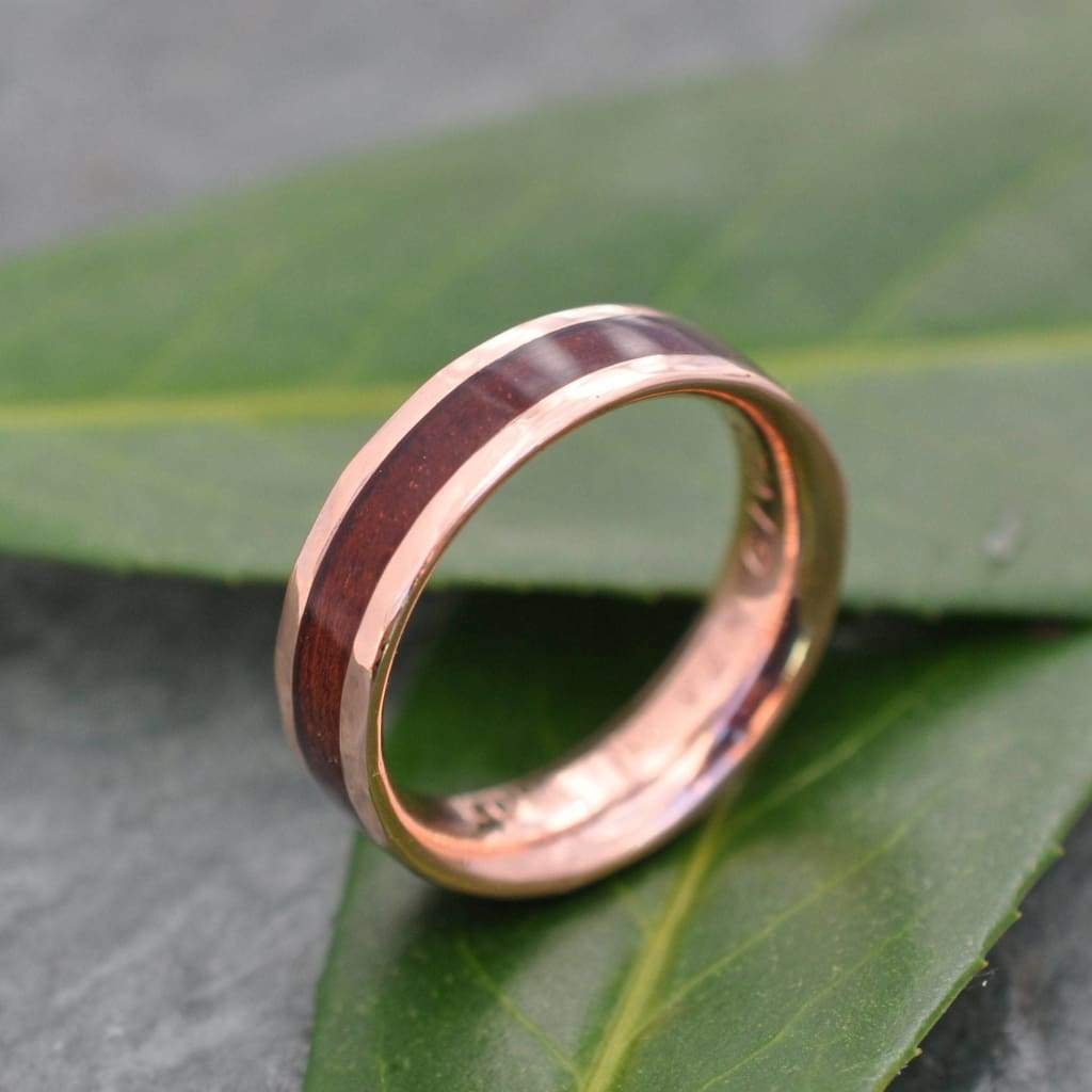 Hammered Lados Rose Gold Comfort Fit Bourbon Barrel Wood Ring, Rose Gold Wood Wedding Band, Pink Gold Wedding Ring, Rose Gold Mens Band