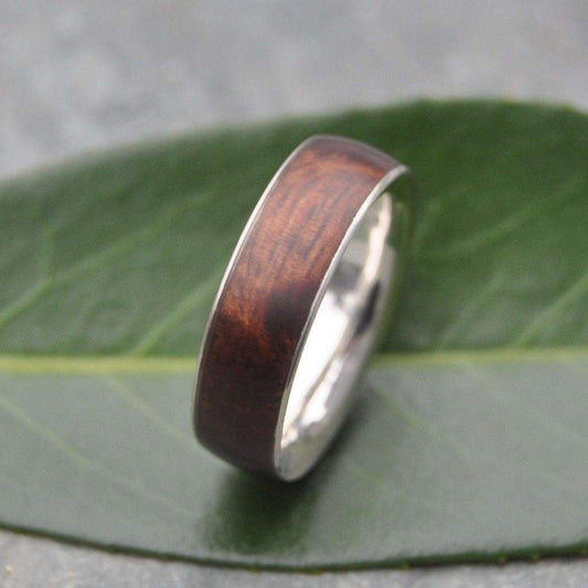 Siempre koa wood wedding band with recycled sterling silver comfort fit