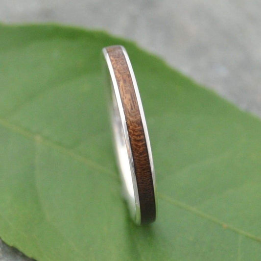 Walnut wood thin stacking ring with recycled sterling silver, flat profile