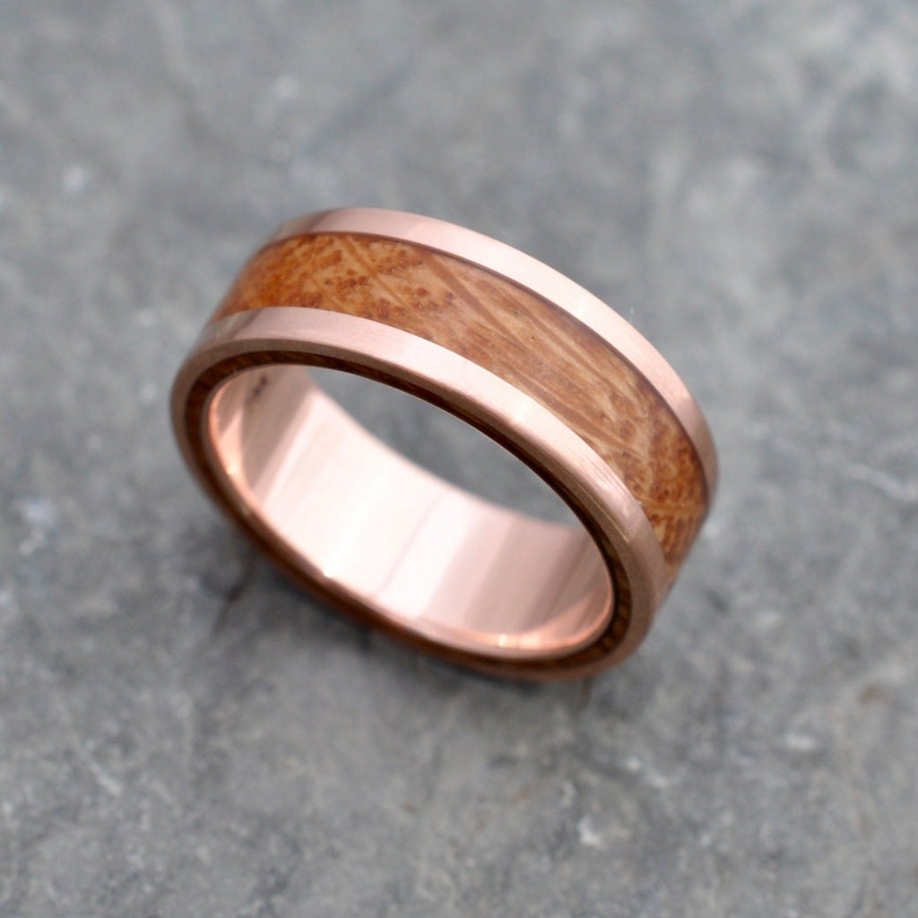 Bourbon Barrel Wedding Ring, Whiskey Barrel Ring, Rose Gold Wood Ring, Rose Gold Bourbon Barrel Ring, Bourbon Ring, Whiskey Ring, Lados