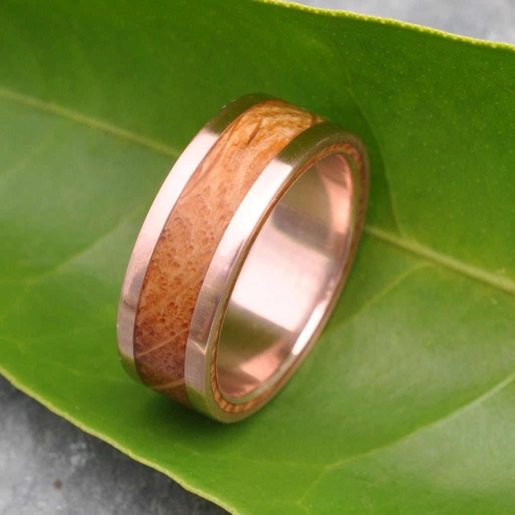 Bourbon Barrel Wedding Ring, Whiskey Barrel Ring, Rose Gold Wood Ring, Rose Gold Bourbon Barrel Ring, Bourbon Ring, Whiskey Ring, Lados