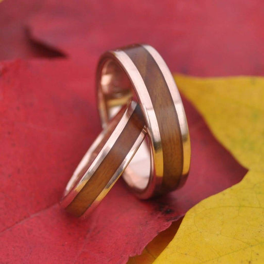 Rose Gold Lingum Vitae Wood Wedding Band, Lados Guayacán Wood Ring - Naturaleza Organic Jewelry & Wood Rings