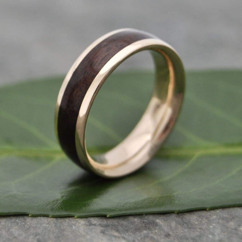 Rounded Lados Walnut Wood Ring with Comfort Fit 14k Recycled Yellow Gold - Naturaleza Organic Jewelry & Wood Rings