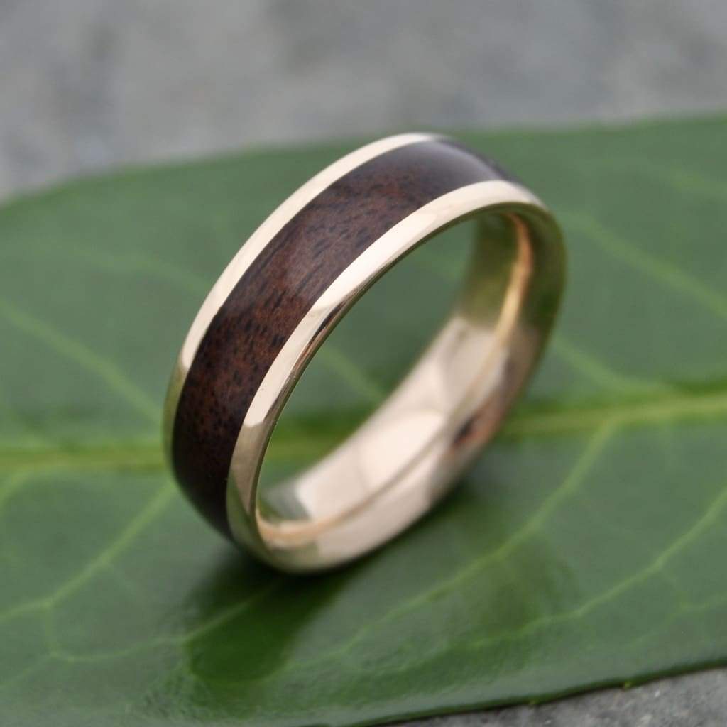 Rounded Lados Walnut Wood Ring with Comfort Fit 14k Recycled Yellow Gold - Naturaleza Organic Jewelry & Wood Rings