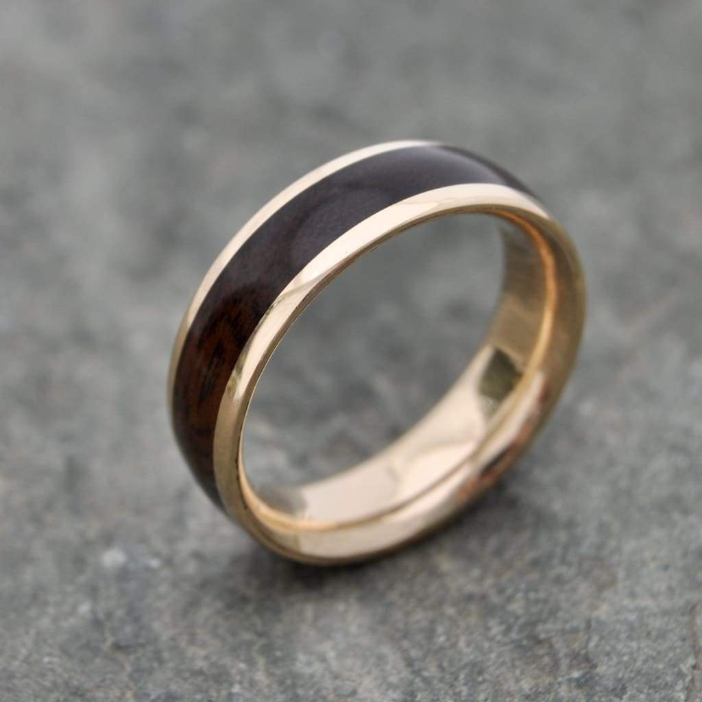 Rounded Lados Walnut Wood Ring with Comfort Fit 14k Recycled Yellow Gold - Naturaleza Organic Jewelry & Wood Rings