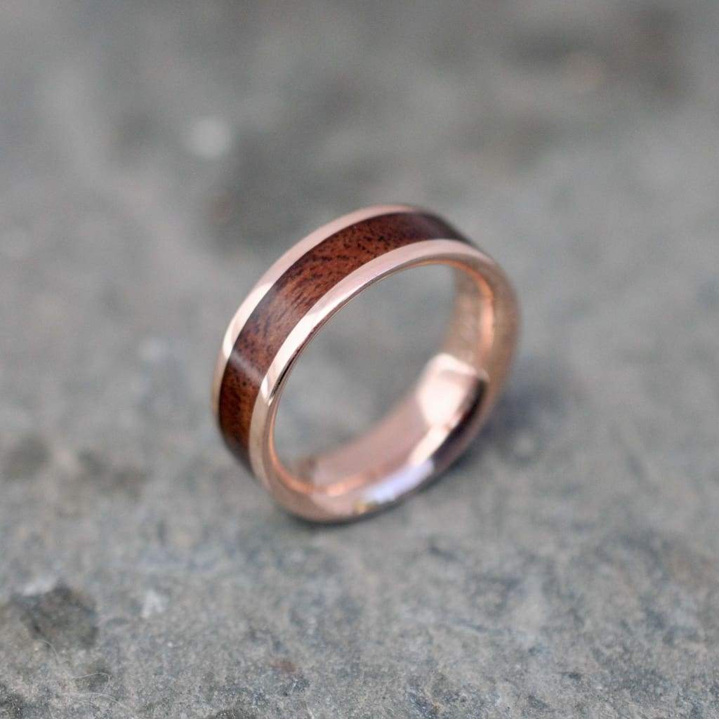 Rose Gold Lados Walnut Wood Ring, Ecofriendly Red Gold Wood Wedding Band, 14k Red Gold Wood Wedding Ring, Mens Gold Wood Ring