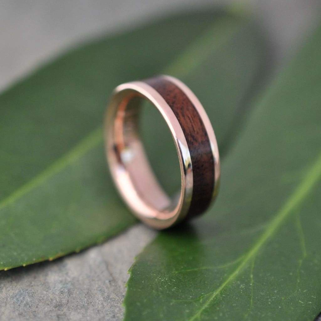 Rose Gold Lados Walnut Wood Ring, Ecofriendly Red Gold Wood Wedding Band, 14k Red Gold Wood Wedding Ring, Mens Gold Wood Ring