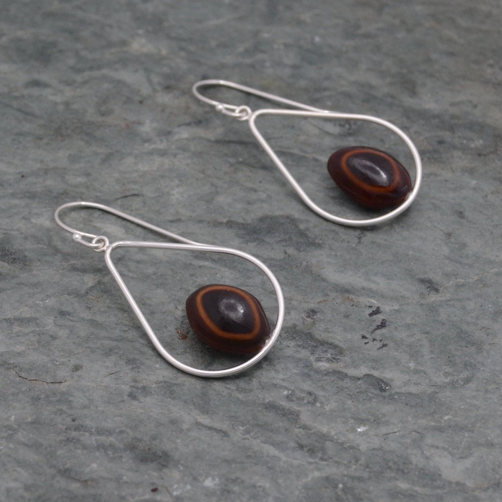 Lagrima Earrings with Guanacaste Seed - teardrop dangle sterling silver earrings ecofriendly earrings organic earrings