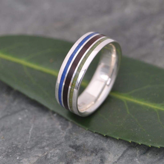 Meridian lapis lazuli and jade stone wood ring with sterling silver