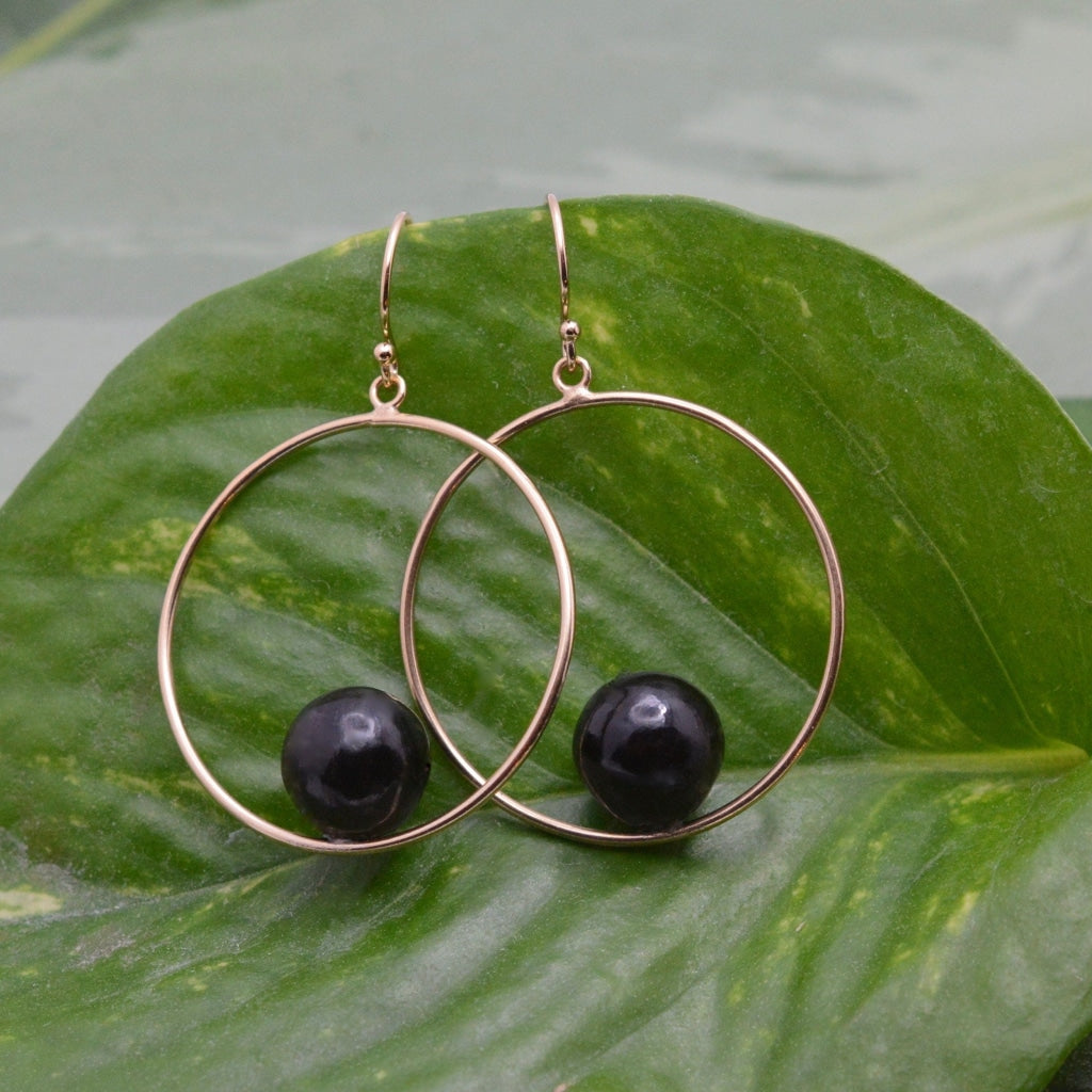 Orbit Earrings with Patacón Seed and Yellow Gold - circle dangle gold earrings eco friendly earrings organic earrings black pearl Earrings