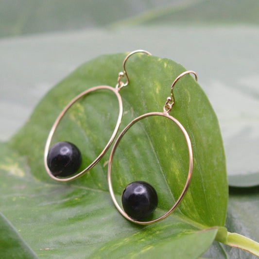 Orbit Earrings with Patacón Seed and Yellow Gold - circle dangle gold earrings eco friendly earrings organic earrings black pearl Earrings