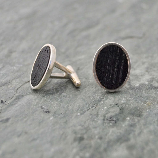 Oval Charred Bourbon Barrel Cufflinks in Sterling Silver, Whiskey Barrel Cufflinks - Naturaleza Organic Jewelry & Wood Rings
