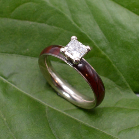 Princess cut diamond wood engagement ring with cocobolo wood band side profile