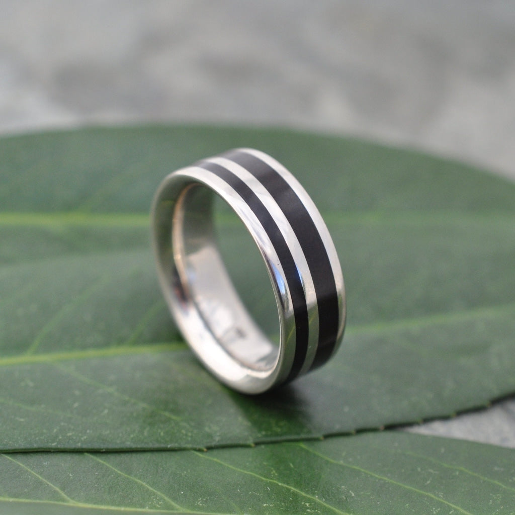 Rayo de Luz Coyol Wood White Gold Wedding Ring White Gold Inlay Wood Wedding Band Mens White Gold Wedding Band Black Wood Ring