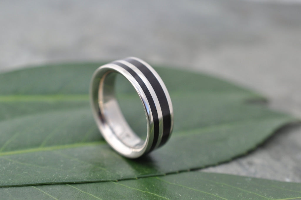 Rayo de Luz Coyol Wood White Gold Wedding Ring White Gold Inlay Wood Wedding Band Mens White Gold Wedding Band Black Wood Ring