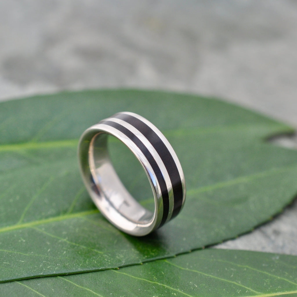 Rayo de Luz Coyol Wood White Gold Wedding Ring White Gold Inlay Wood Wedding Band Mens White Gold Wedding Band Black Wood Ring