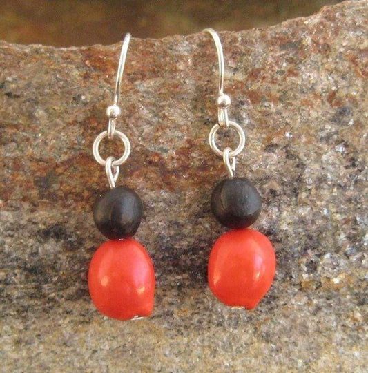 Revolucion Earrings, Red and Black Seed Earrings with Recycled Sterling Silver - Naturaleza Organic Jewelry & Wood Rings