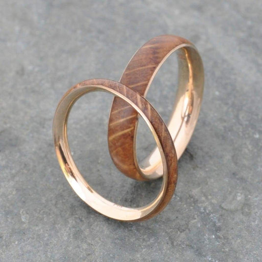 Yellow Gold Kentucky Bourbon Barrel Wood Ring, Comfort Fit Siempre 14K Recycled Gold - Naturaleza Organic Jewelry & Wood Rings