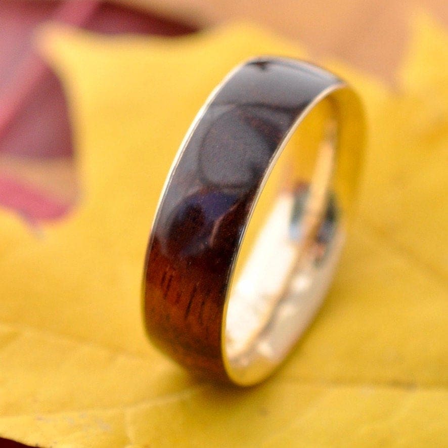 Yellow Gold Koa Wood Wedding Band, Gold Wood Ring, Wood Wedding Band with Recycled Gold, Yellow Gold Wood Ring, Koa Wedding Ring