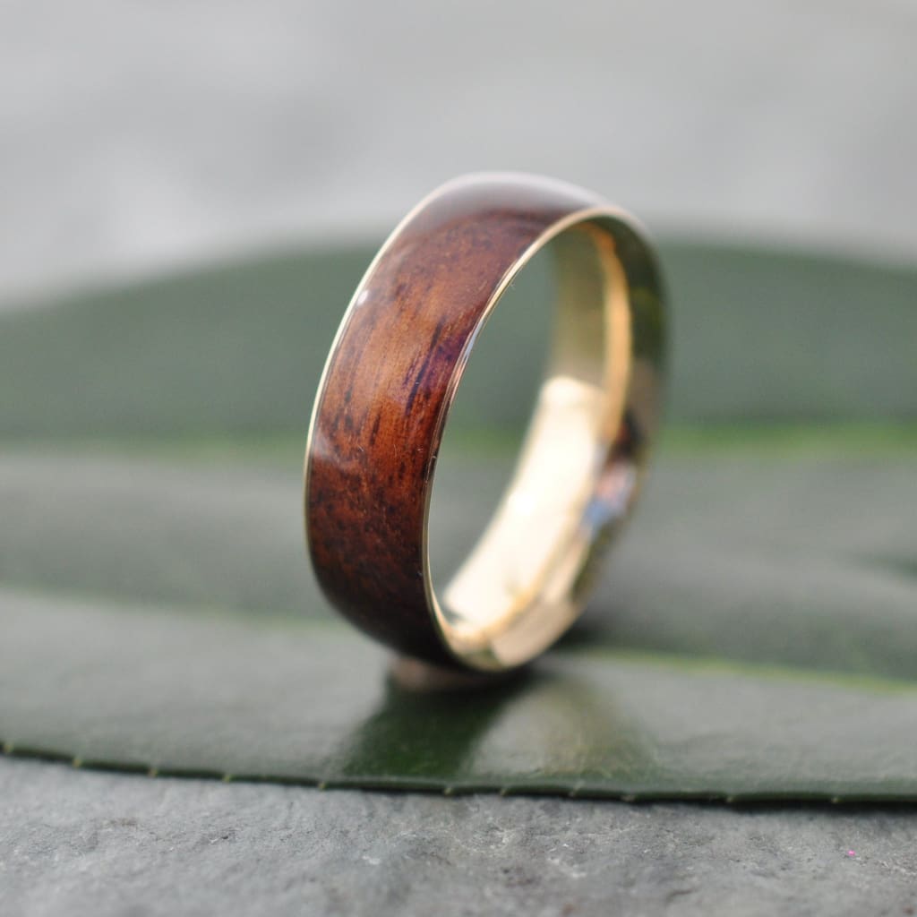 Yellow Gold Koa Wood Wedding Band, Gold Wood Ring, Wood Wedding Band with Recycled Gold, Yellow Gold Wood Ring, Koa Wedding Ring