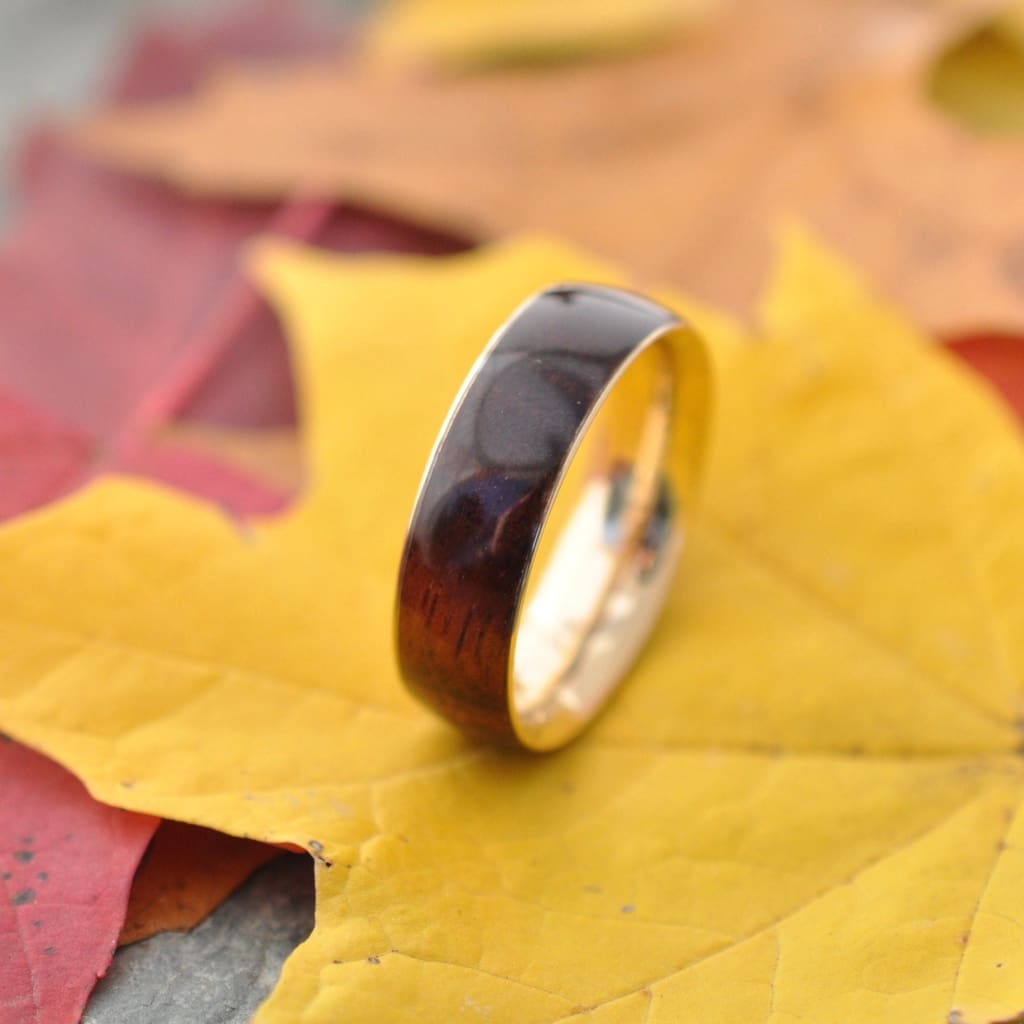 Yellow Gold Koa Wood Wedding Band, Gold Wood Ring, Wood Wedding Band with Recycled Gold, Yellow Gold Wood Ring, Koa Wedding Ring