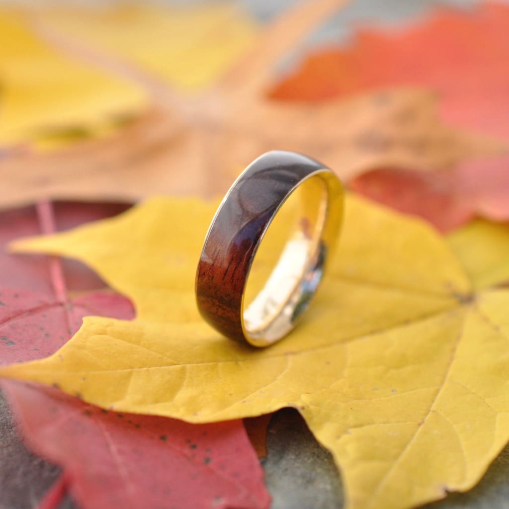 Yellow Gold Koa Wood Wedding Band, Gold Wood Ring, Wood Wedding Band with Recycled Gold, Yellow Gold Wood Ring, Koa Wedding Ring