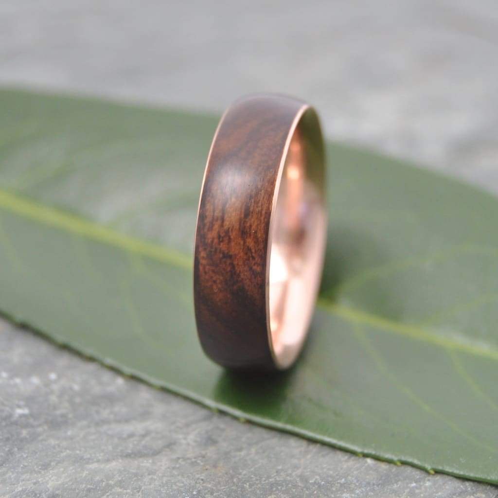 Rose Gold Laurel Macho Wooden Wedding Band, Comfort Fit Siempre Wood Ring - Naturaleza Organic Jewelry & Wood Rings