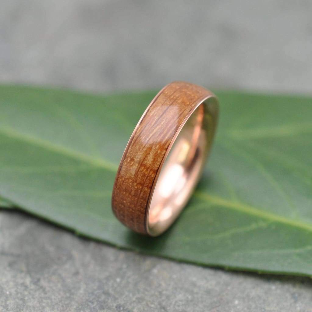 Rose Gold Bourbon Barrel Wedding Band, Comfort Fit Wood Ring - ecofriendly wood wedding band recycled rose gold, whiskey barrel ring