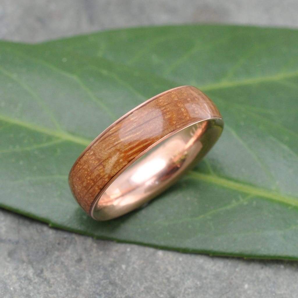 Rose Gold Bourbon Barrel Wedding Band, Comfort Fit Wood Ring - ecofriendly wood wedding band recycled rose gold, whiskey barrel ring