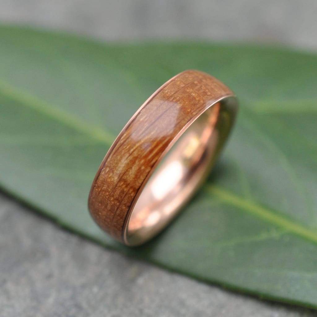 Rose Gold Bourbon Barrel Wedding Band, Comfort Fit Wood Ring - ecofriendly wood wedding band recycled rose gold, whiskey barrel ring
