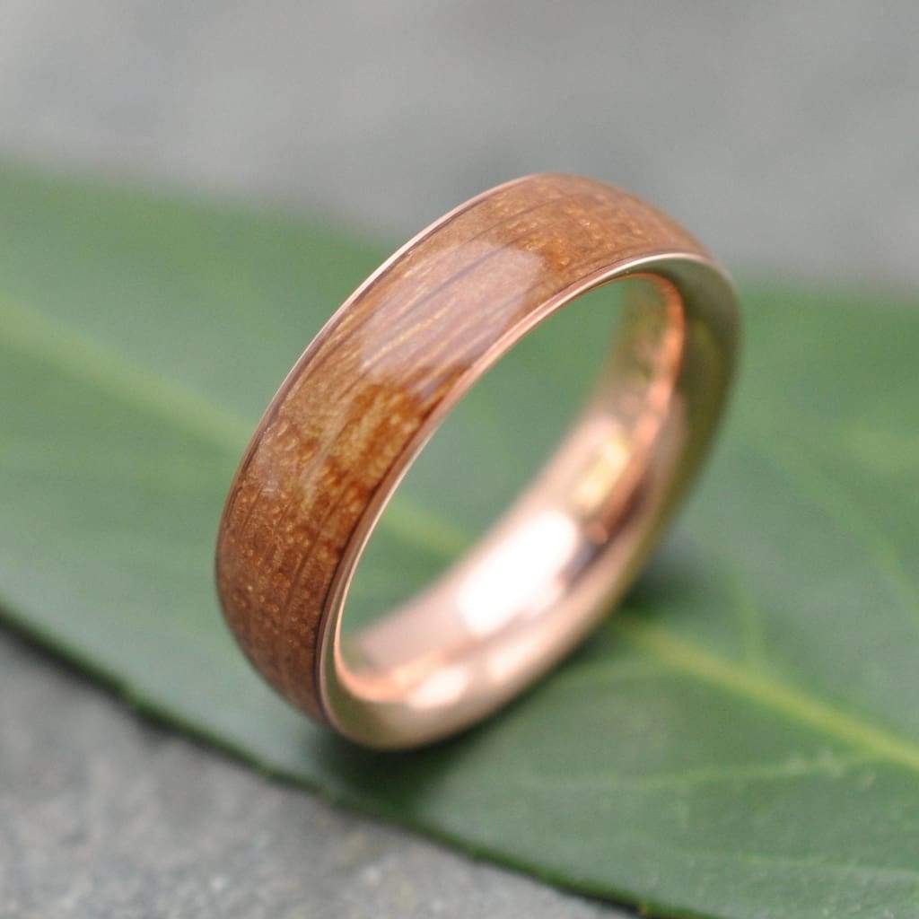 Rose Gold Bourbon Barrel Wedding Band, Comfort Fit Wood Ring - ecofriendly wood wedding band recycled rose gold, whiskey barrel ring