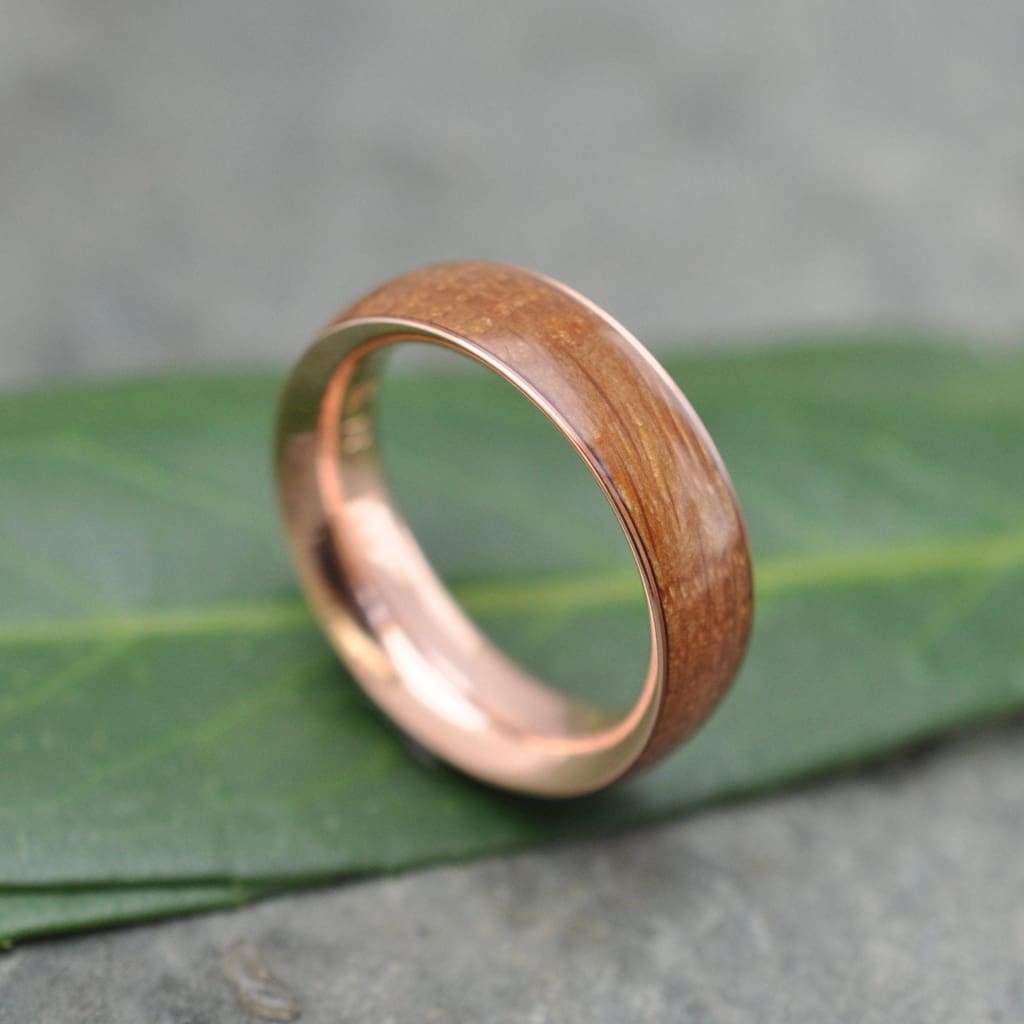 Rose Gold Bourbon Barrel Wedding Band, Comfort Fit Wood Ring - ecofriendly wood wedding band recycled rose gold, whiskey barrel ring
