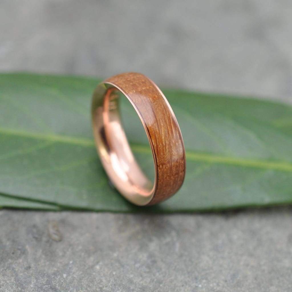Rose Gold Bourbon Barrel Wedding Band, Comfort Fit Wood Ring - ecofriendly wood wedding band recycled rose gold, whiskey barrel ring