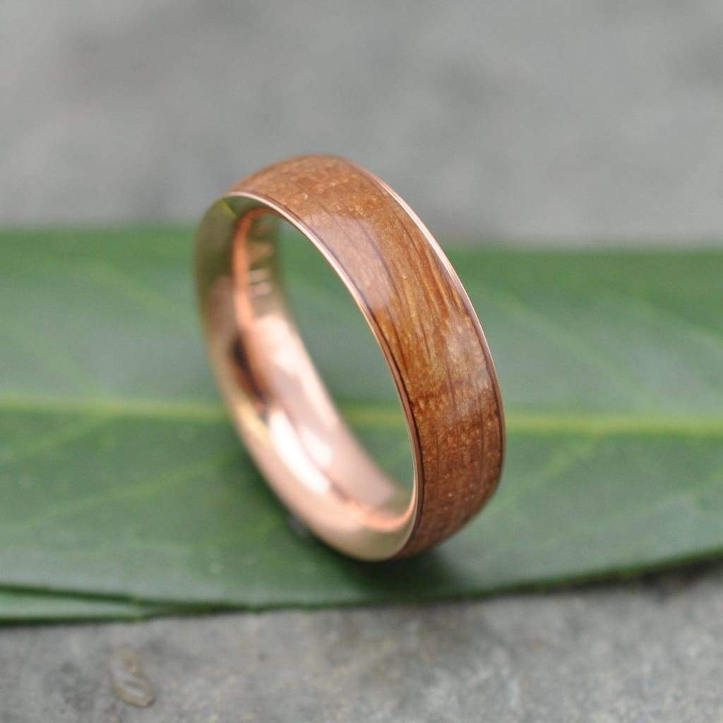 Rose Gold Bourbon Barrel Wedding Band, Comfort Fit Wood Ring - ecofriendly wood wedding band recycled rose gold, whiskey barrel ring