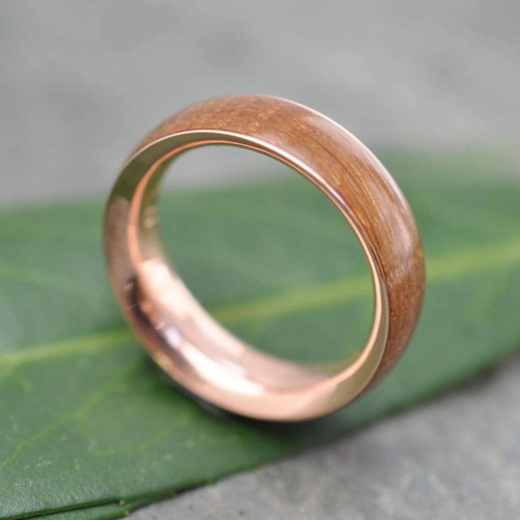 Rose Gold Bourbon Barrel Wedding Band, Comfort Fit Wood Ring - ecofriendly wood wedding band recycled rose gold, whiskey barrel ring