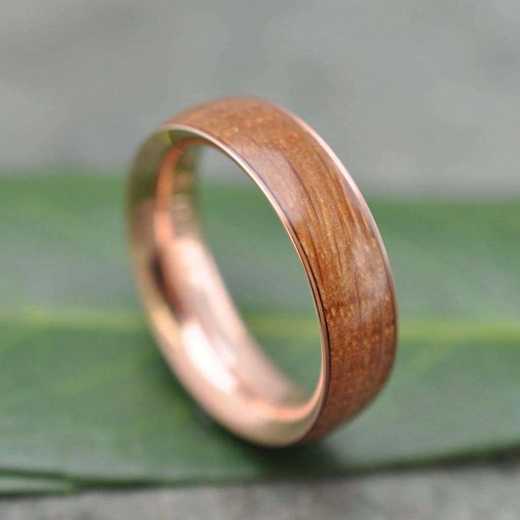 Rose Gold Bourbon Barrel Wedding Band, Comfort Fit Wood Ring - ecofriendly wood wedding band recycled rose gold, whiskey barrel ring