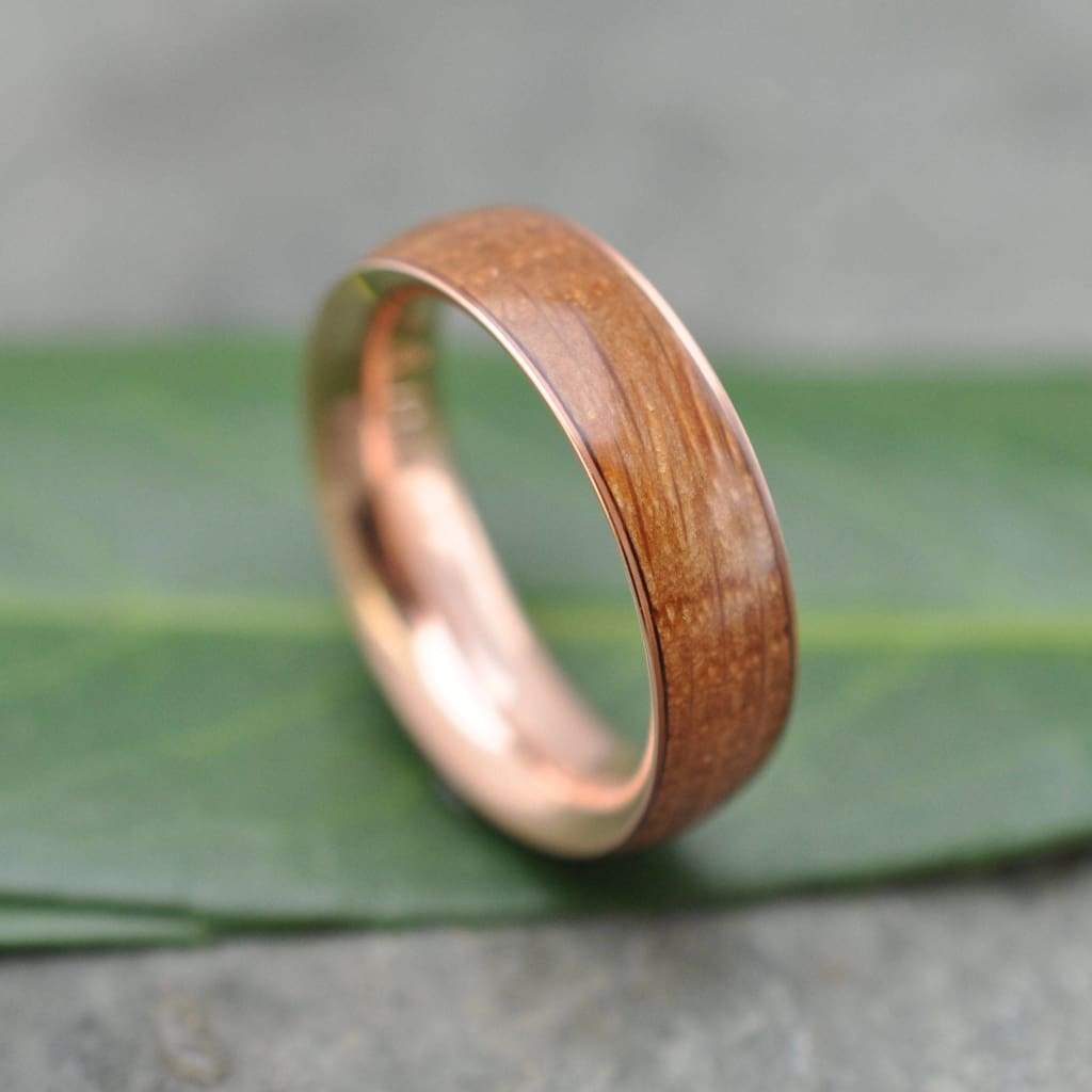 Rose Gold Bourbon Barrel Wedding Band, Comfort Fit Wood Ring - ecofriendly wood wedding band recycled rose gold, whiskey barrel ring