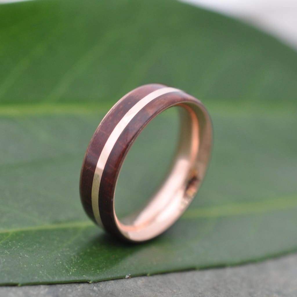 Rose Gold Solsticio Guapinol Wood Ring,  Eco friendly 14k recycled wedding band, Rose Gold And Wood Wedding Ring, Wooden Wedding Band