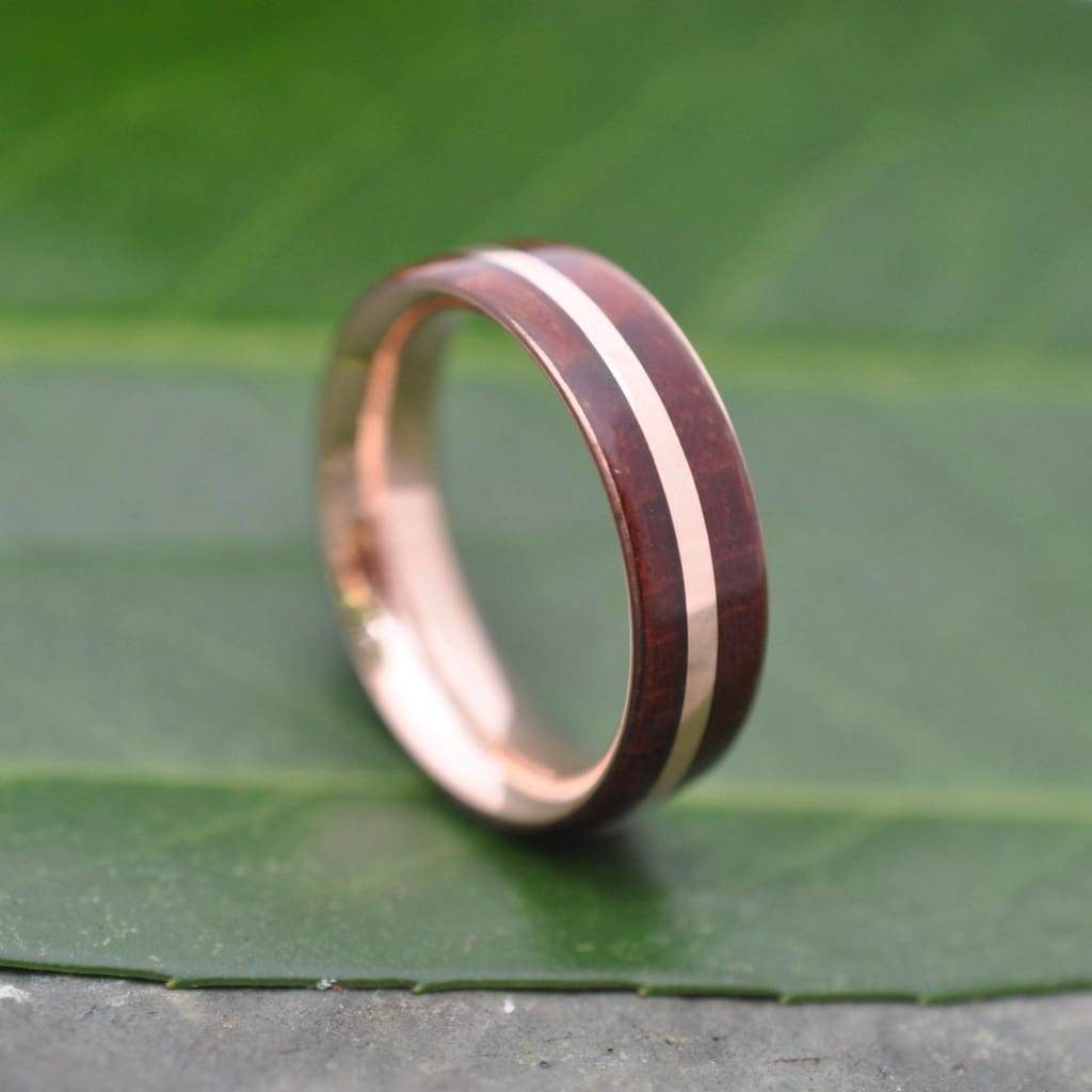 Rose Gold Solsticio Guapinol Wood Ring,  Eco friendly 14k recycled wedding band, Rose Gold And Wood Wedding Ring, Wooden Wedding Band