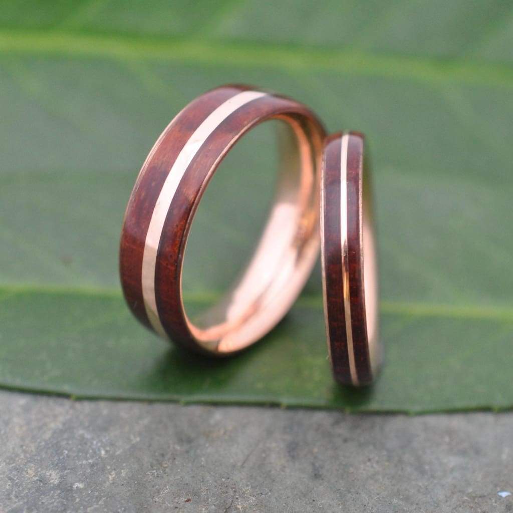 Rose Gold Solsticio Guapinol Wood Ring,  Eco friendly 14k recycled wedding band, Rose Gold And Wood Wedding Ring, Wooden Wedding Band