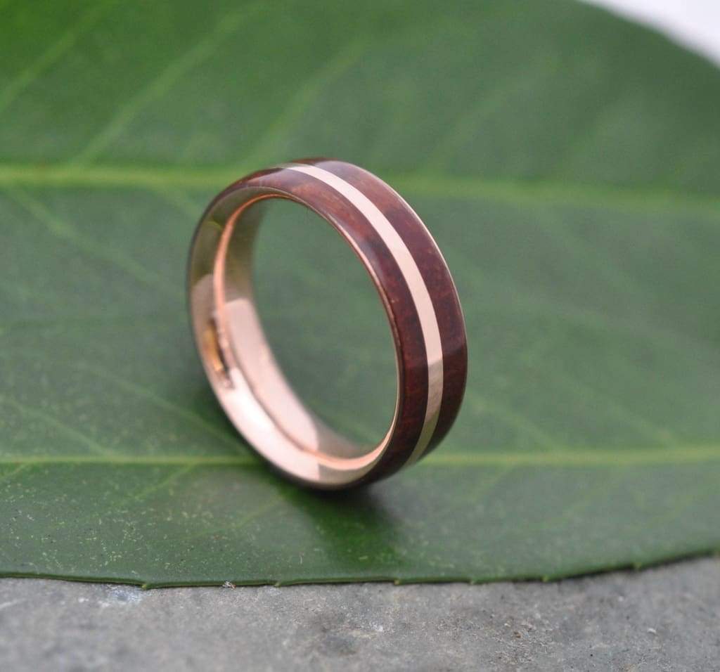 Rose Gold Solsticio Guapinol Wood Ring, Eco friendly 14k recycled wedding band, Rose Gold And Wood Wedding Ring, Wooden Wedding Band