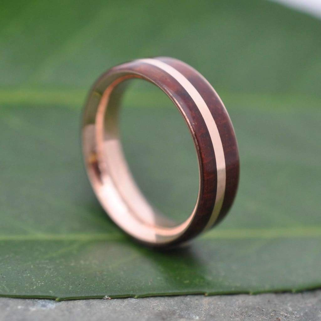 Rose Gold Solsticio Guapinol Wood Ring,  Eco friendly 14k recycled wedding band, Rose Gold And Wood Wedding Ring, Wooden Wedding Band