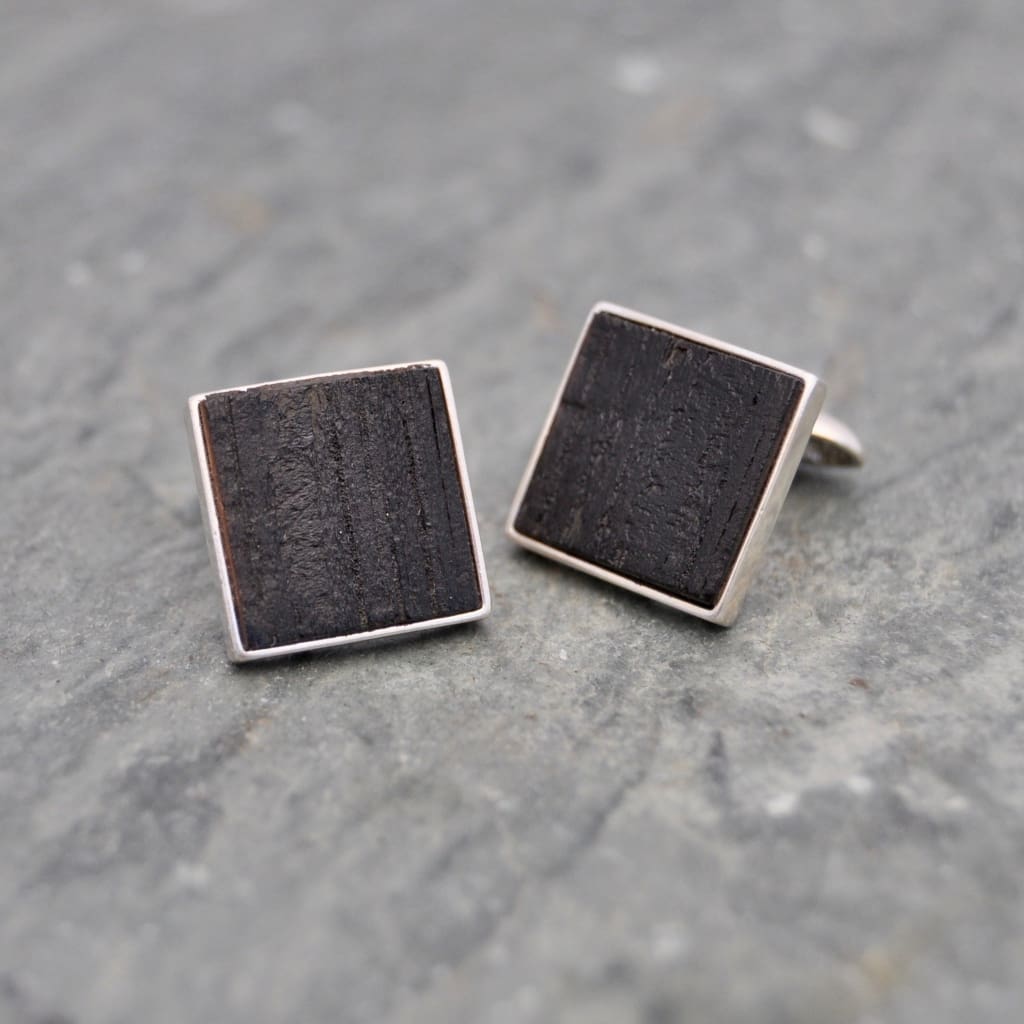 Square Charred Bourbon Barrel Cufflinks in Sterling Silver, Square Whiskey Barrel Cufflinks - Naturaleza Organic Jewelry & Wood Rings