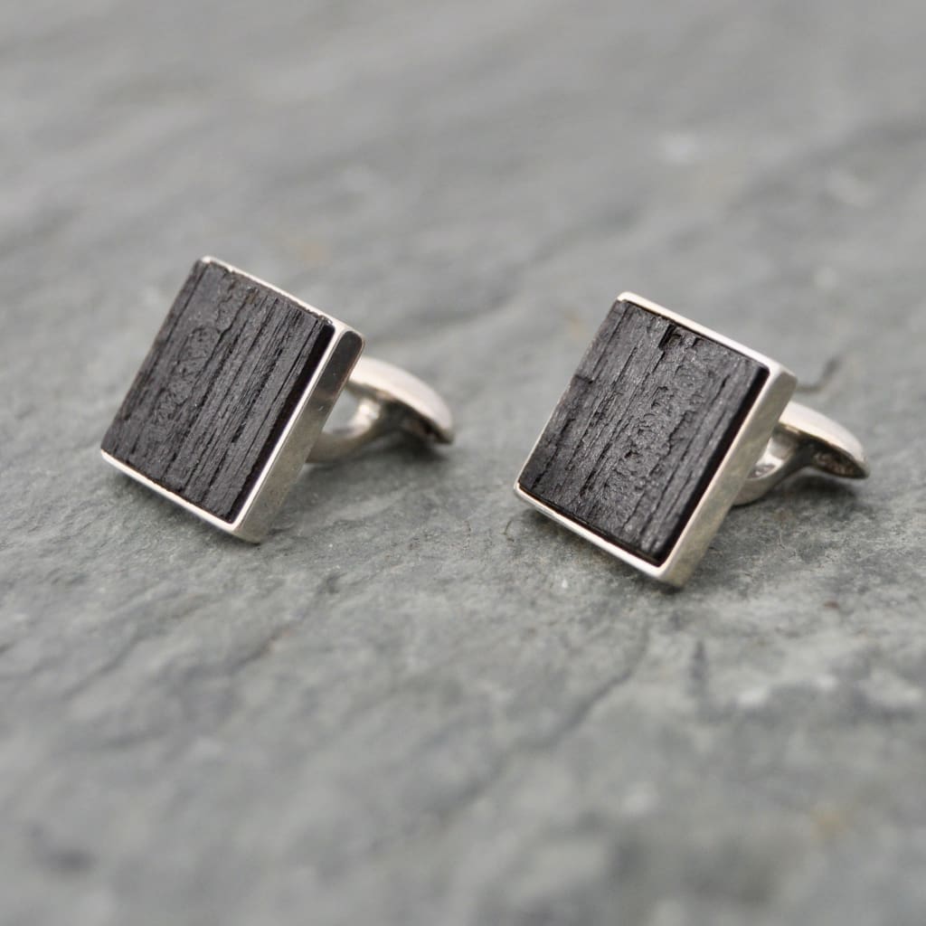 Square Charred Bourbon Barrel Cufflinks in Sterling Silver, Square Whiskey Barrel Cufflinks - Naturaleza Organic Jewelry & Wood Rings