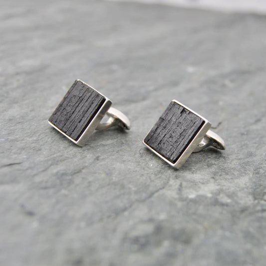 Square Charred Bourbon Barrel Cufflinks in Sterling Silver, Square Whiskey Barrel Cufflinks - Naturaleza Organic Jewelry & Wood Rings