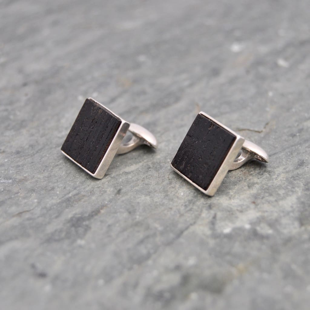 Square Charred Bourbon Barrel Cufflinks in Sterling Silver, Square Whiskey Barrel Cufflinks - Naturaleza Organic Jewelry & Wood Rings