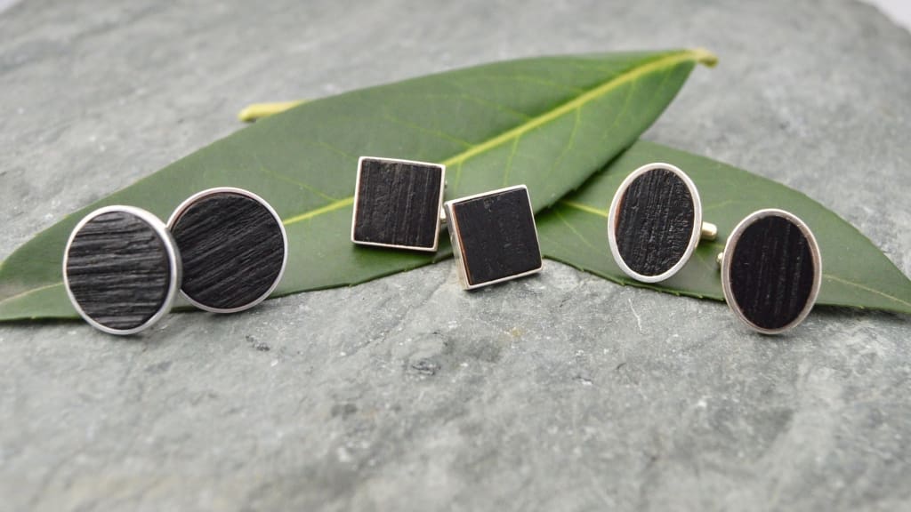 Square Charred Bourbon Barrel Cufflinks in Sterling Silver, Square Whiskey Barrel Cufflinks - Naturaleza Organic Jewelry & Wood Rings
