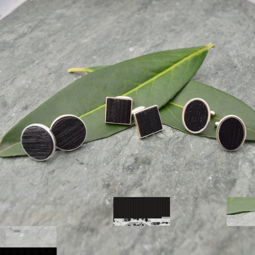 Square Charred Bourbon Barrel Cufflinks in Sterling Silver, Square Whiskey Barrel Cufflinks - Naturaleza Organic Jewelry & Wood Rings