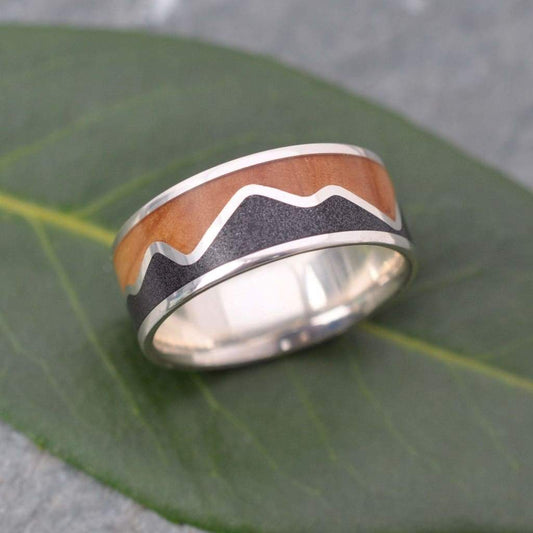 Titanium sand mountain range ring with recycled sterling silver